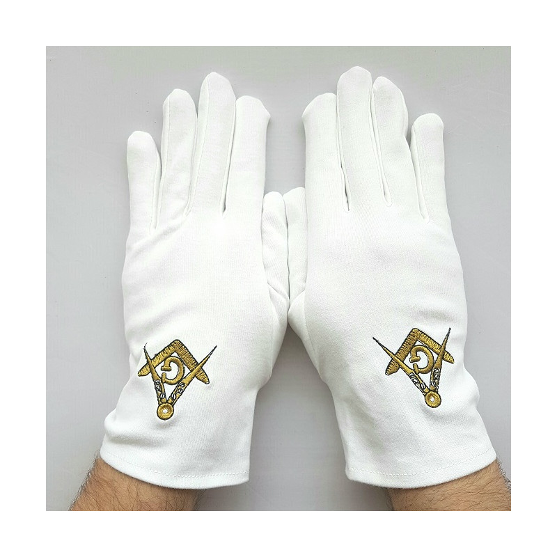 GANTS COTON BLANC FRANC MAÇON BRODERIE FEUILLE ACACIA OR