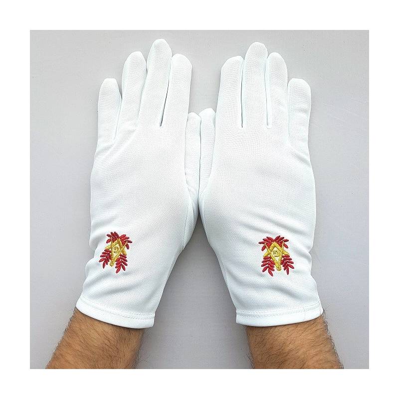 gants blanc nylon franc maçon, broderie rouge et or.